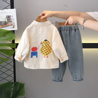 Boys Off White Book Cartoon Printed Shacket With T-Shirt & Pants Set Sets