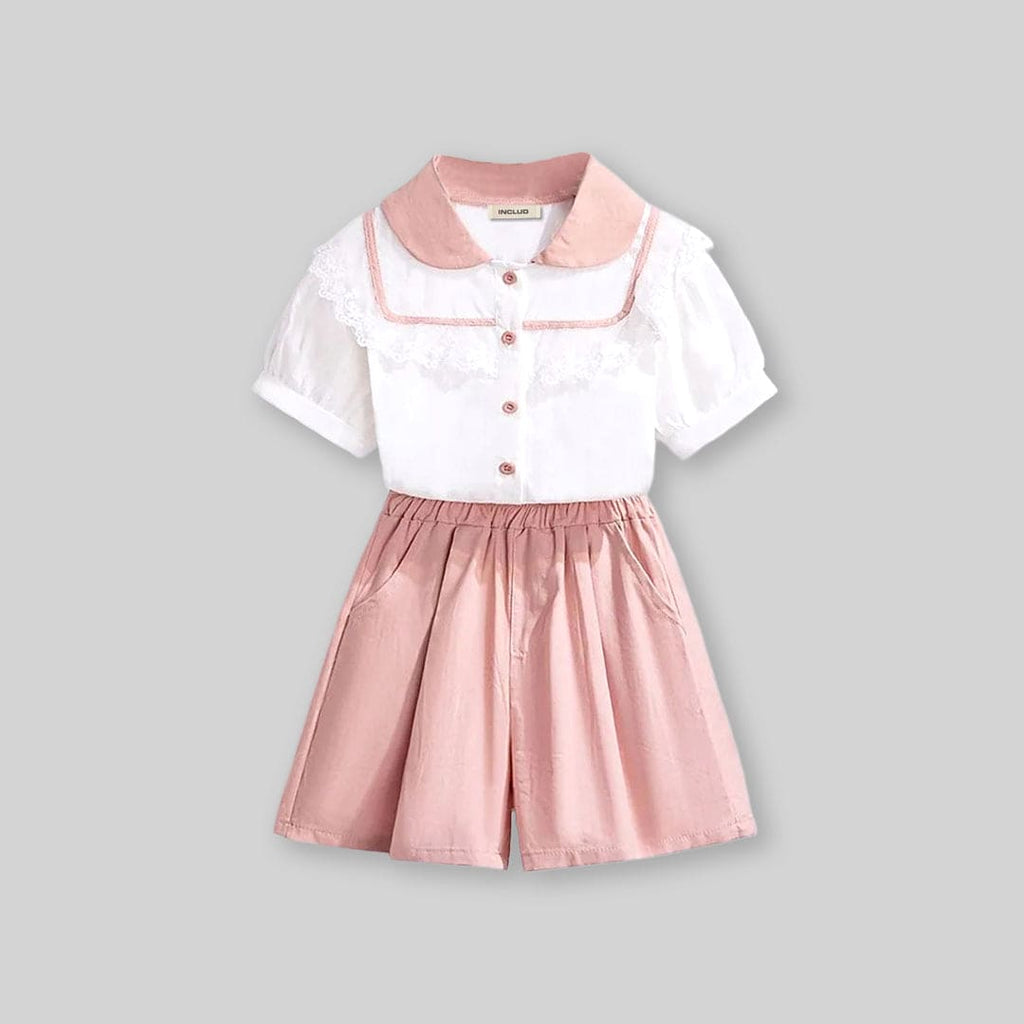 Girls Short Sleeve Peter Pan Collar Lace Top With Shorts Sets   