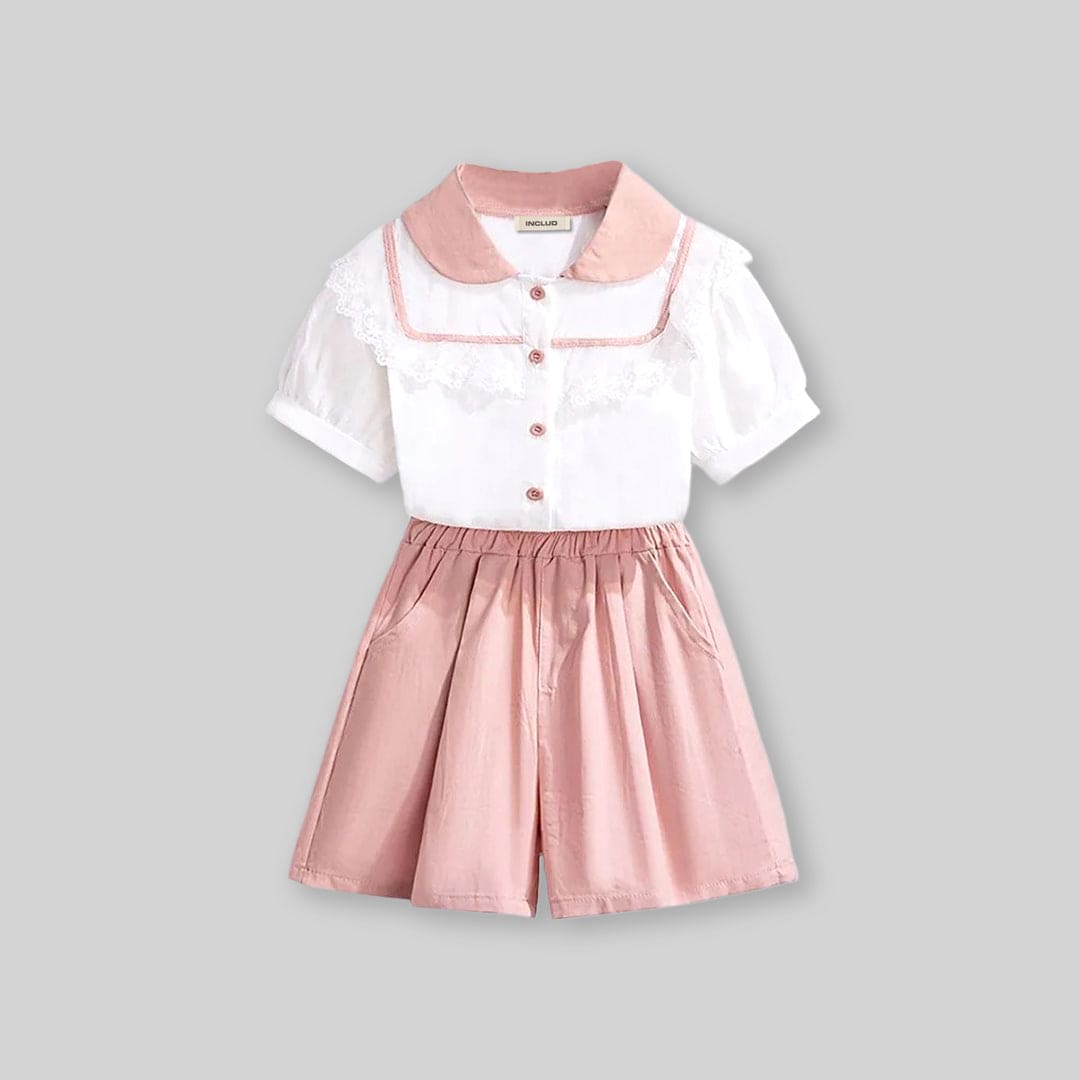 Girls Short Sleeve Peter Pan Collar Lace Top With Shorts Sets   