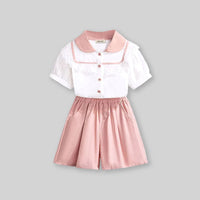 Girls Short Sleeve Peter Pan Collar Lace Top With Shorts Sets   