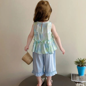 Girls Light Green Ruffle Peplum Top With Crop Pants Sets Sets