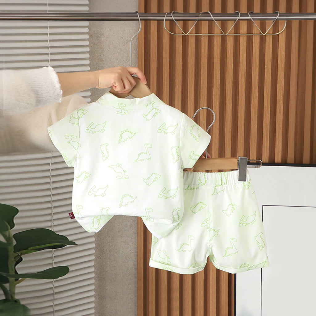 Boys Green Dinosaur Printed Shirt With Sleeveless T-Shirt And Shorts Set 3 pc. Sets