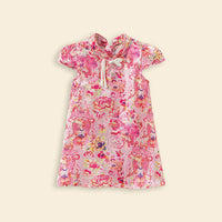 Girls Red Ethnic Motifs A-line Dress With Mandarin Collar Casual Dresses