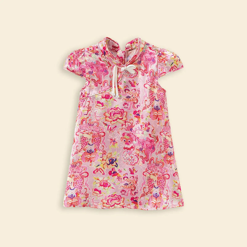 Girls Red Ethnic Motifs A-line Dress With Mandarin Collar Casual Dresses