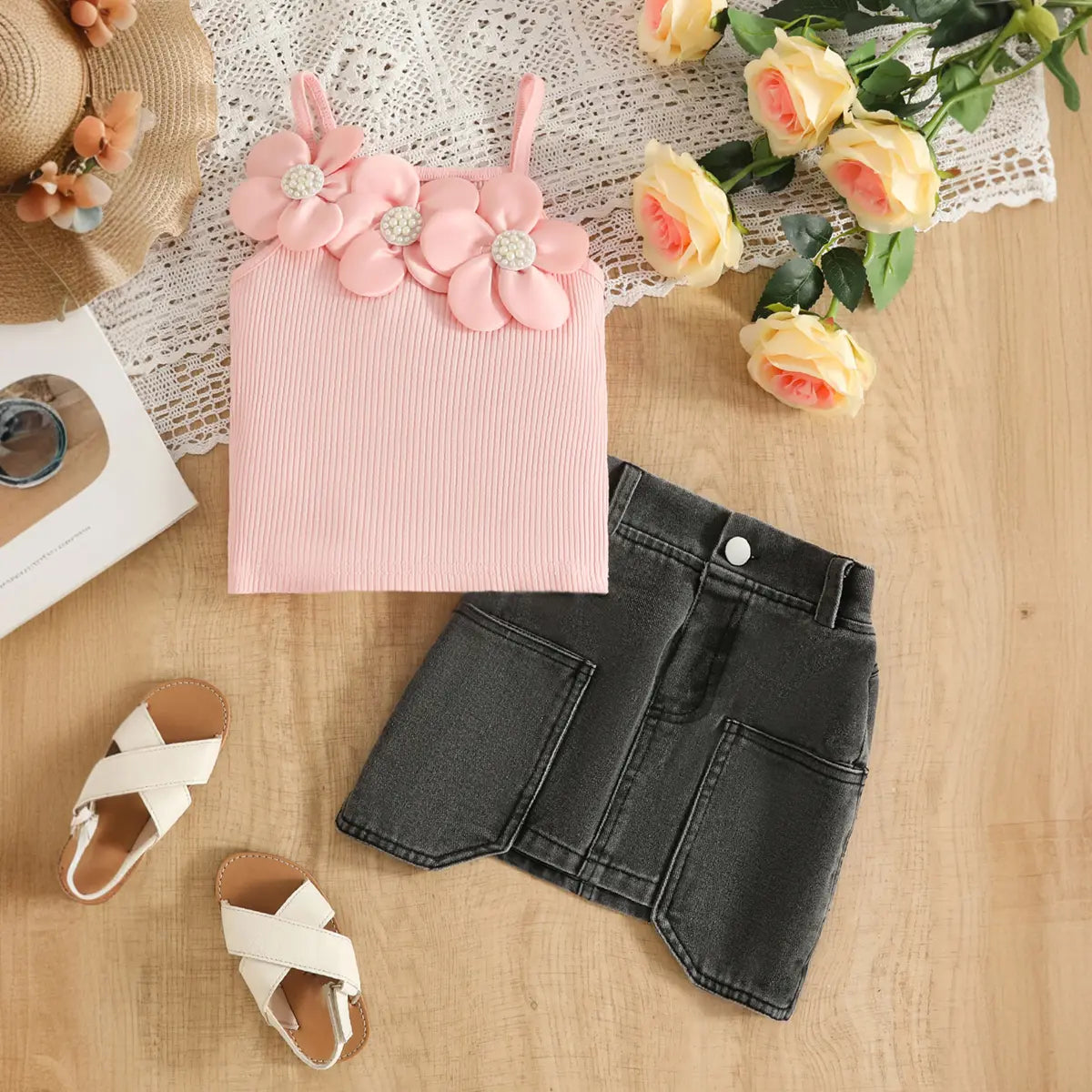 Girls Pink 3D Flower Applique Sleeveless Top With Denim Skirt Sets Sets Pink 2-3 Y