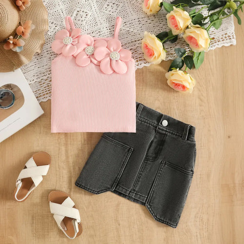 Girls Pink 3D Flower Applique Sleeveless Top With Denim Skirt Sets Sets Pink 2-3 Y