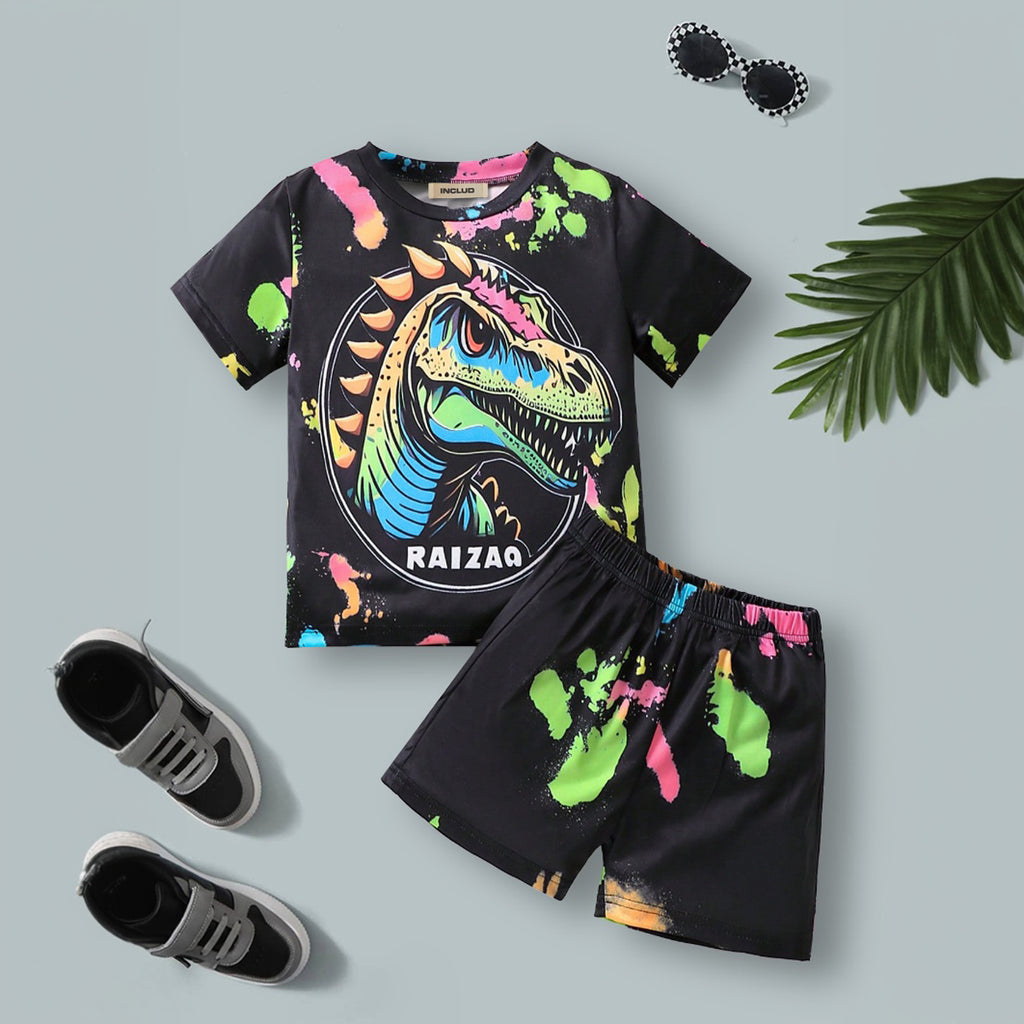 Boys Black Dinosaur Printed Glow in the Dark T-Shirt With Shorts Co-ord Set 2 pc. Sets