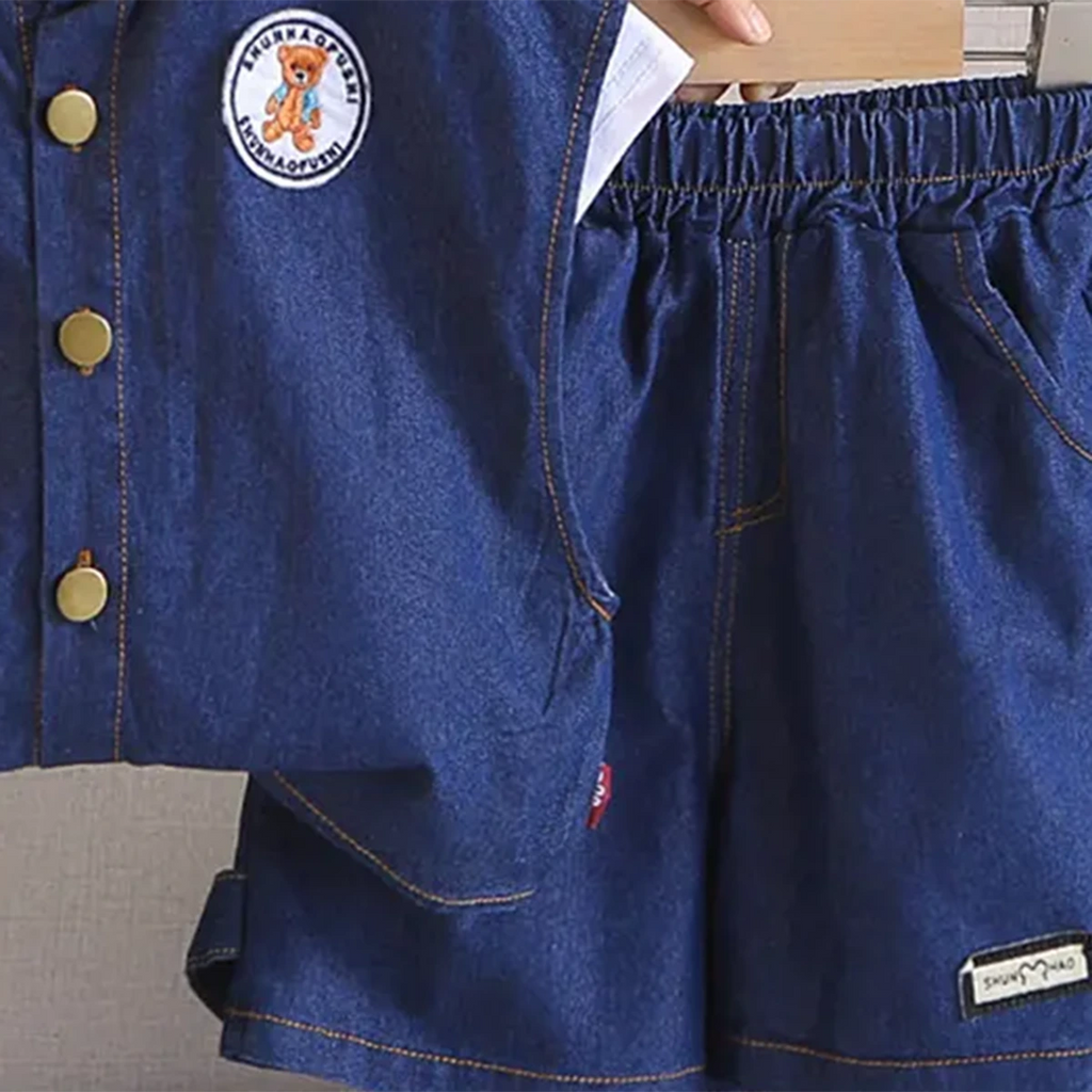 Boys Blue Denim Sleeveless Jacket With Printed T-Shirt & Shorts Sets Sets