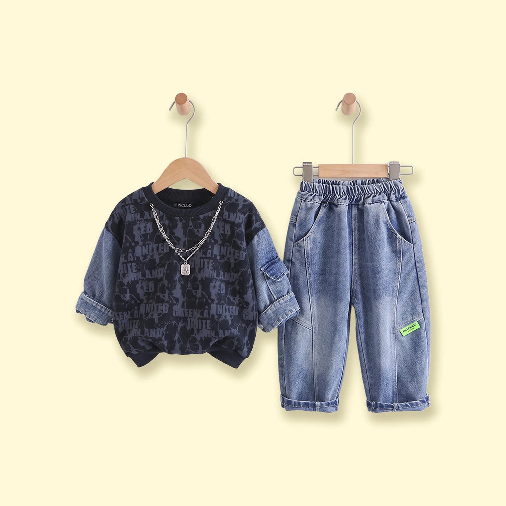 Boys Navy Blue Typography Sweatshirt With Denim Pants Sets 2 pc. Sets Navy Blue 1-2 Y