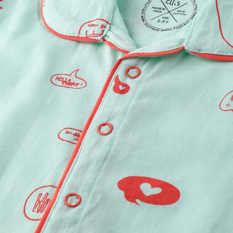 Girls Sky Blue Typographic Printed Short Sleeve Shirt With Printed Pyjama Sets Sets