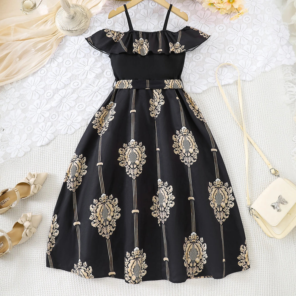 Girls Black Ethnic Motifs Print Sleeveless Fit & Flare Dress Casual Dresses