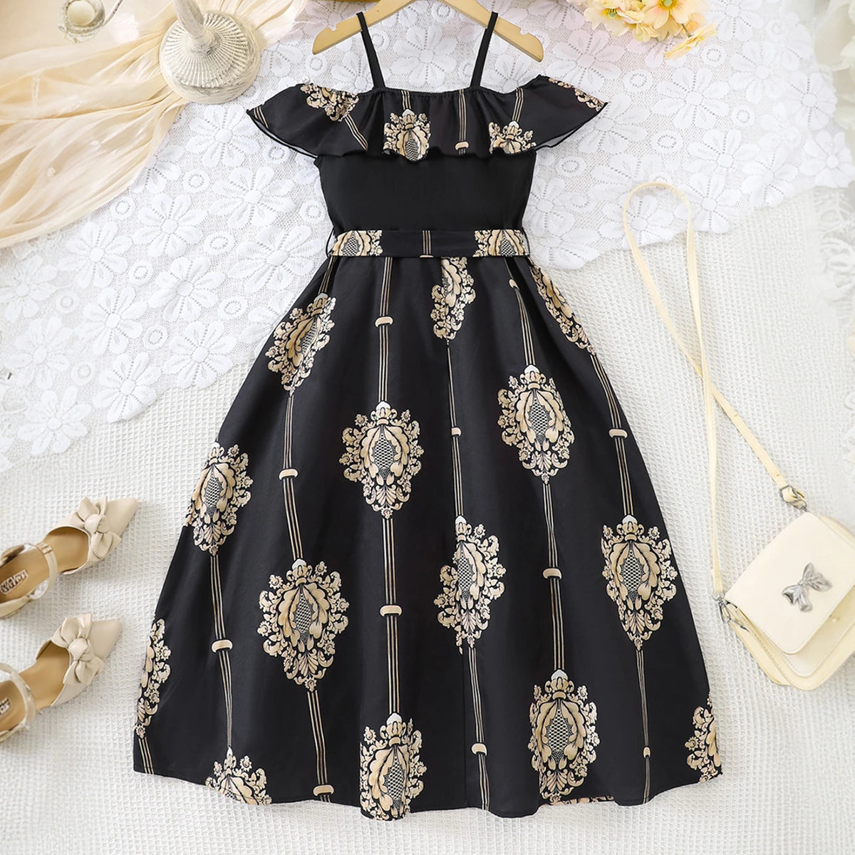 Girls Black Ethnic Motifs Print Sleeveless Fit & Flare Dress Casual Dresses