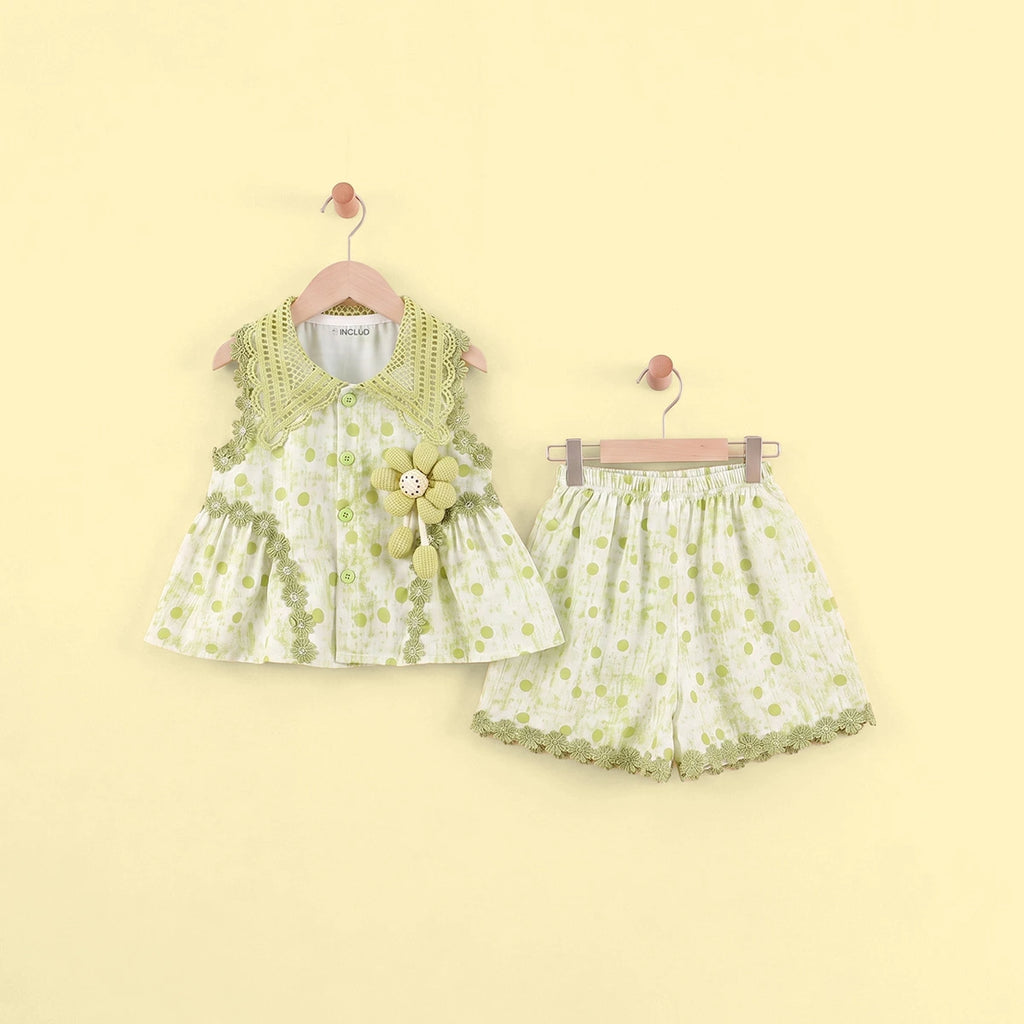 Girls Green Polka Dot Print Sleeveless Top With Shorts Sets 2 pc. Sets Green 1-2 Y