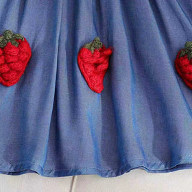 Girls Blue Strawberry Applique Puff Sleeve A-Line Dress Casual Dresses
