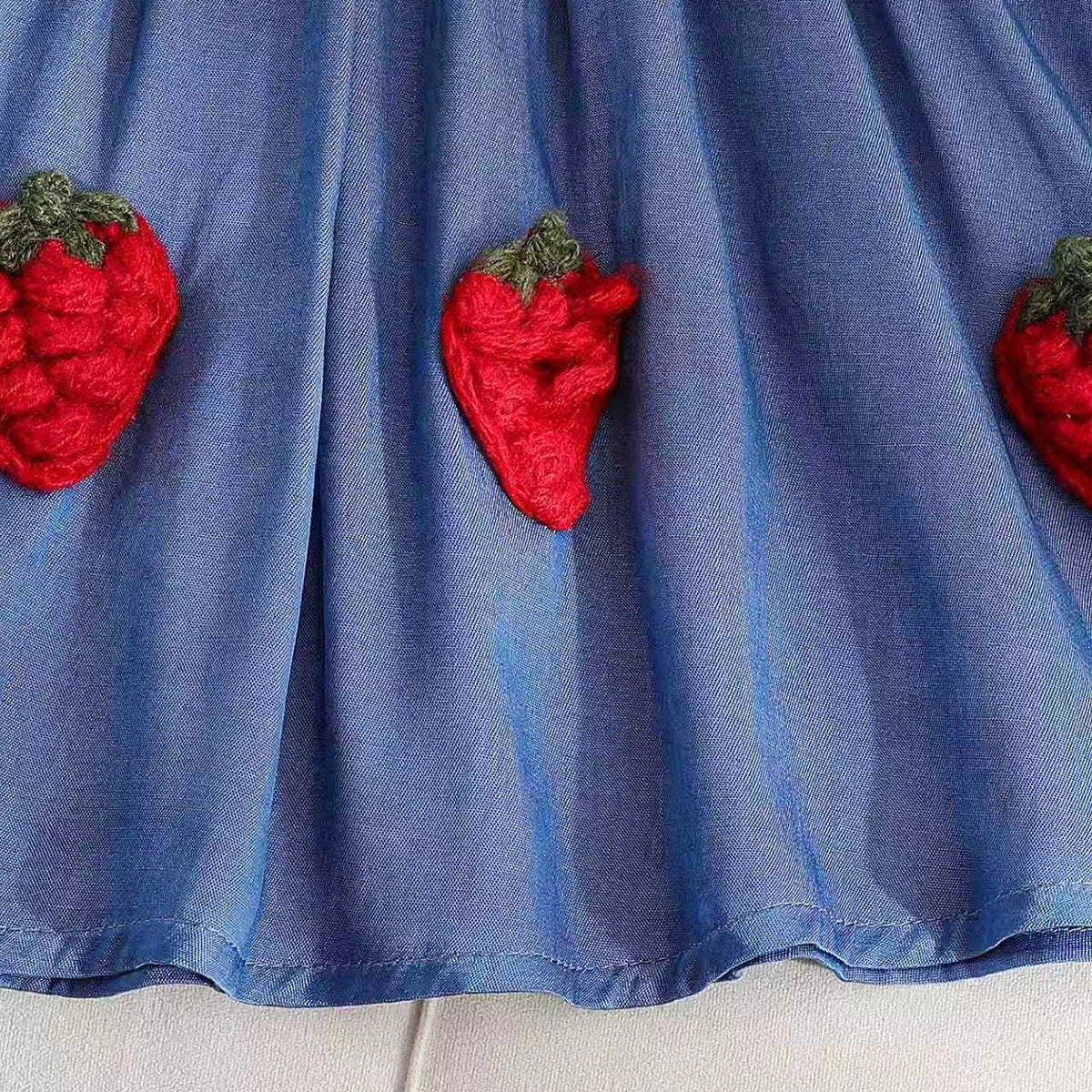 Girls Blue Strawberry Applique Puff Sleeve A-Line Dress Casual Dresses