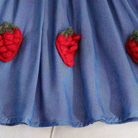 Girls Blue Strawberry Applique Puff Sleeve A-Line Dress Casual Dresses