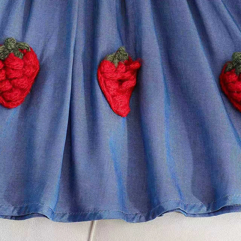 Girls Blue Strawberry Applique Puff Sleeve A-Line Dress Casual Dresses