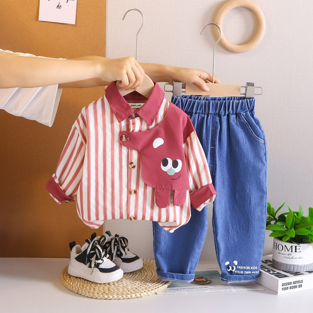 Boys Pink Stripes Oversized Shirt With Denim Pants Set 2 pc. Sets Pink 1-2 Y
