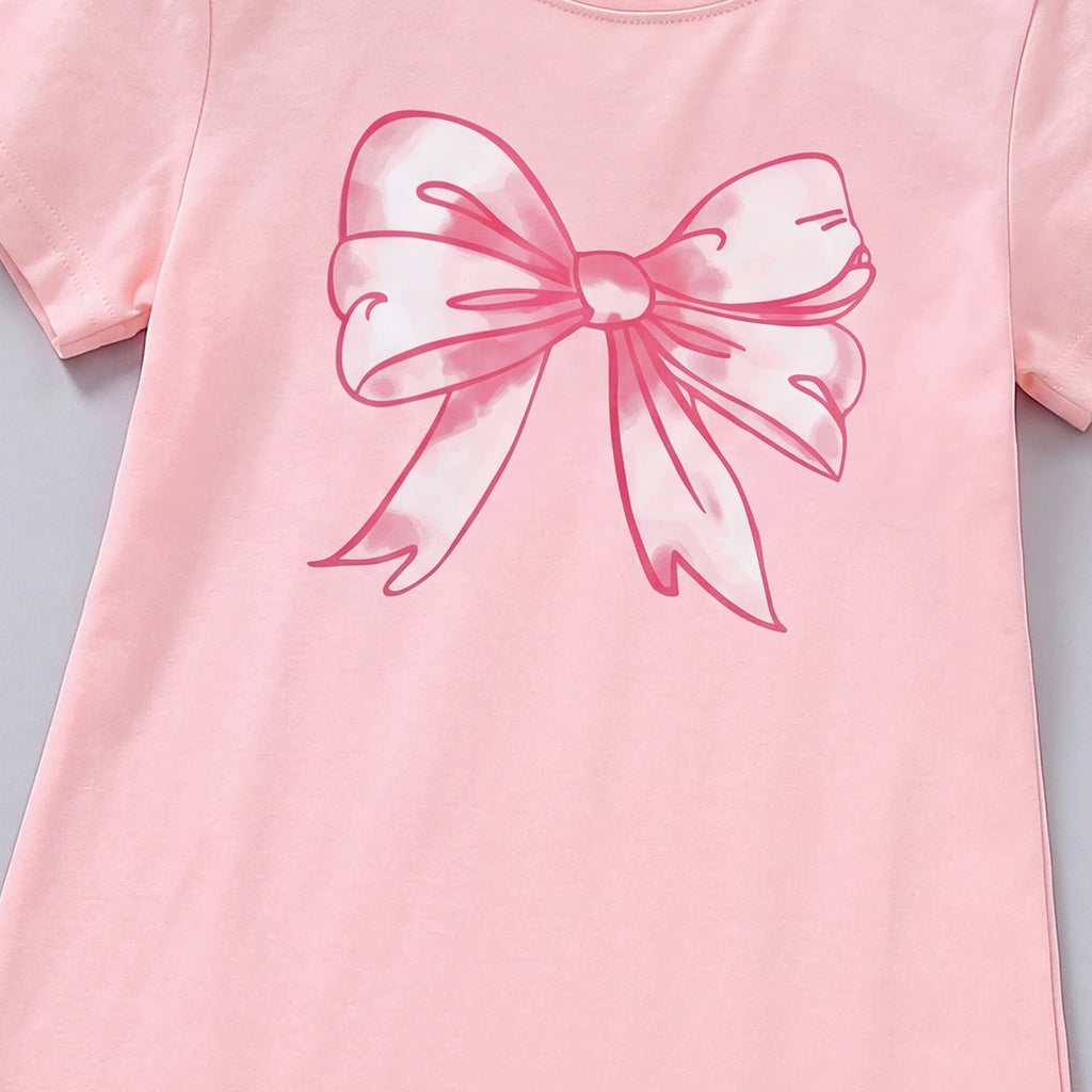 Girls Pink Bow Graphics Short Sleeve T-Shirt Dress Casual Dresses