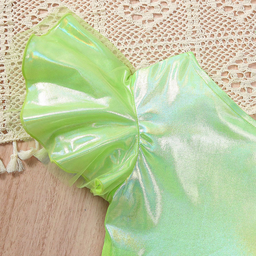 Girls Green Holographic One-Shoulder Crop Top with Shorts Set Sets