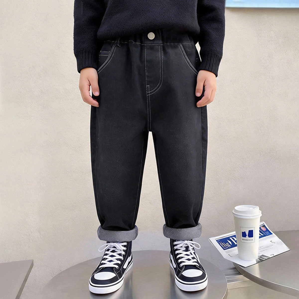 Boys Black Denim Pants with Back Wave Graphic Pants Black 3-4 Y
