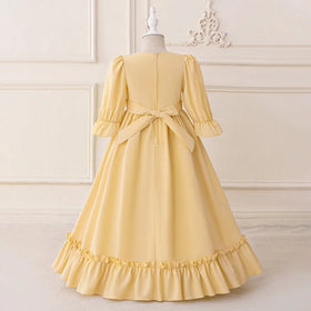 Girls Yellow Embroidered Fit & Flare Maxi Dress With Puff Sleeeves Casual Dresses