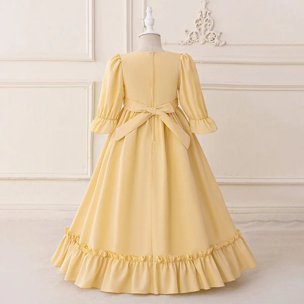 Girls Yellow Embroidered Fit & Flare Maxi Dress With Puff Sleeeves Casual Dresses