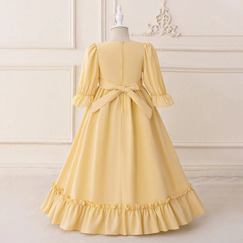 Girls Yellow Embroidered Fit & Flare Maxi Dress With Puff Sleeeves Casual Dresses