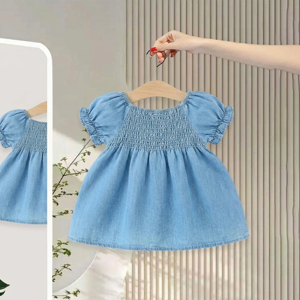 Girls Light Blue Denim Smocked Fit & Flare Casual Dress Casual Dresses