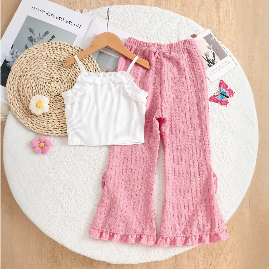 Girls Flower Applique Spaghetti Strap Top With Flared Hem Pants Sets Sets