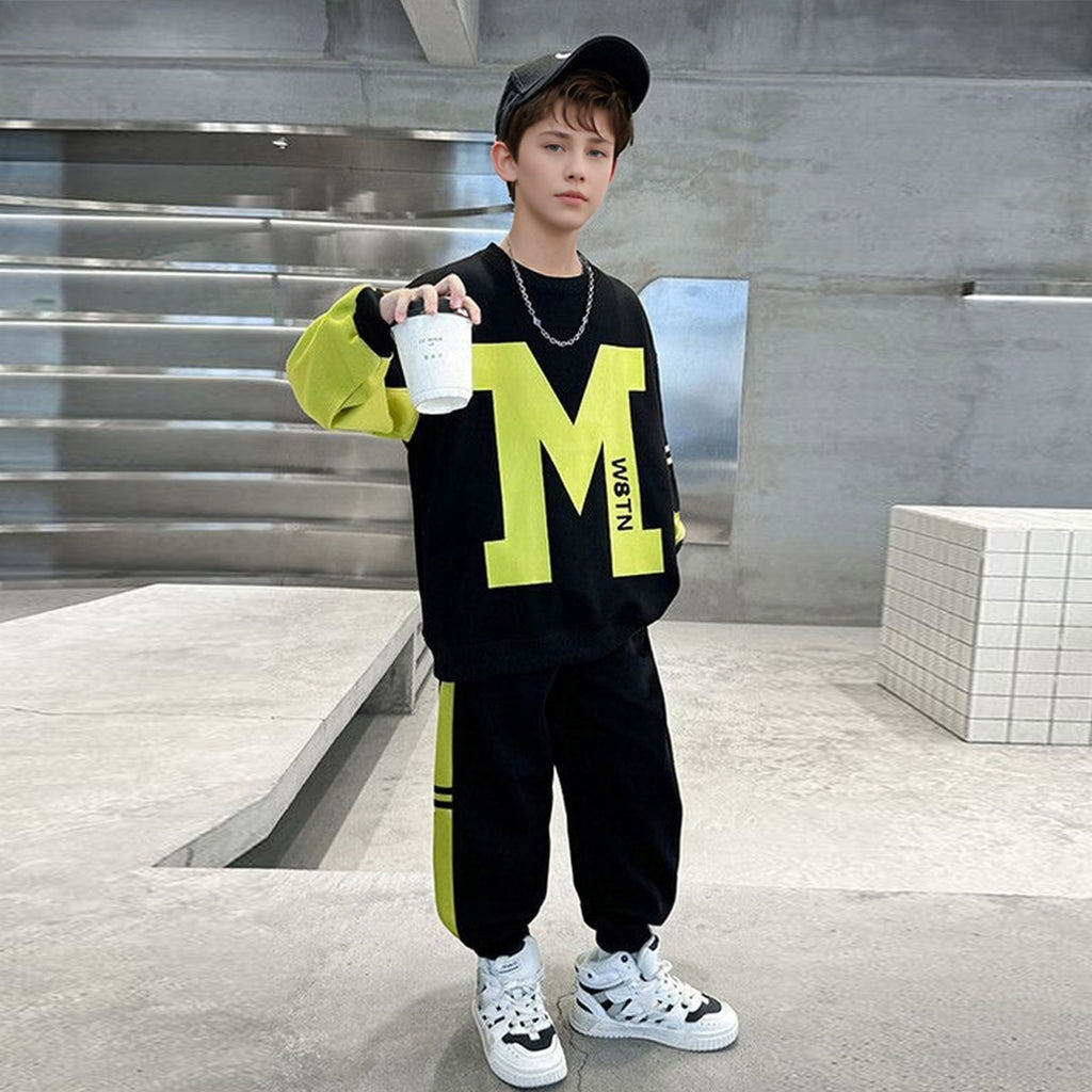 Boys Black Typographic Printed Winter Sweatshirt With Pants Sets 2 pc. Sets