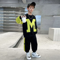 Boys Black Typographic Printed Winter Sweatshirt With Pants Sets 2 pc. Sets