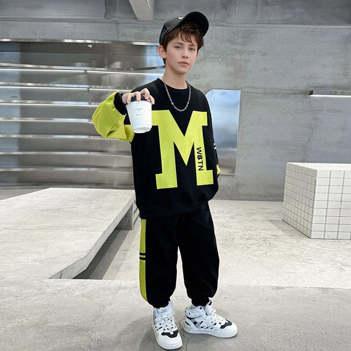 Boys Black Typographic Printed Winter Sweatshirt With Pants Sets 2 pc. Sets