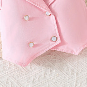 Girls Pink Sleeveless Blazer Top With Pleated Flared Pant Co-ord Sets Sets