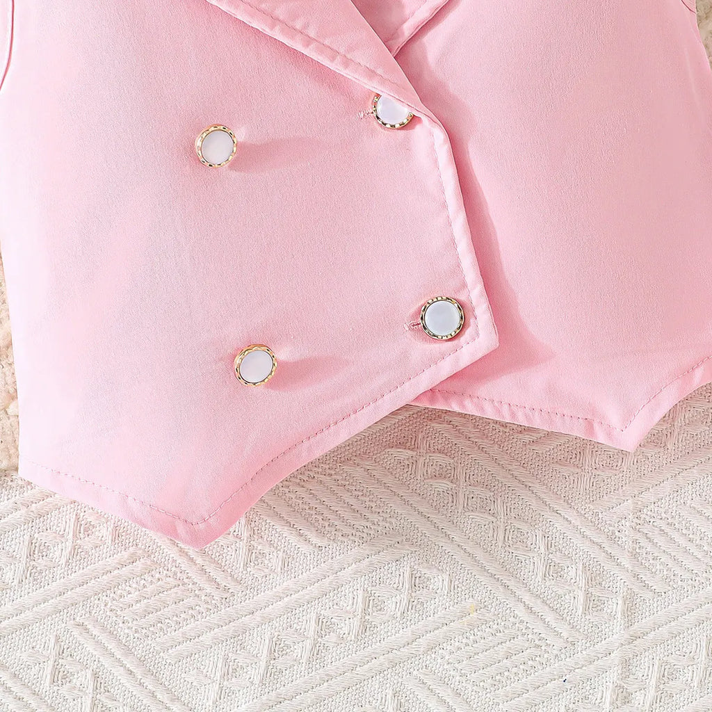 Girls Pink Sleeveless Blazer Top With Pleated Flared Pant Co-ord Sets Sets