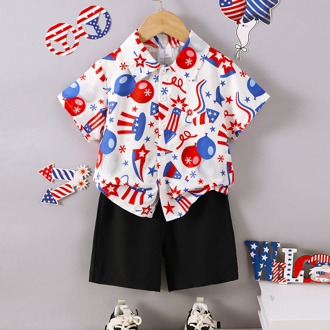 Boys White Printed Short Sleeve Shirt With Elasticated Shorts Set 2 pc. Sets