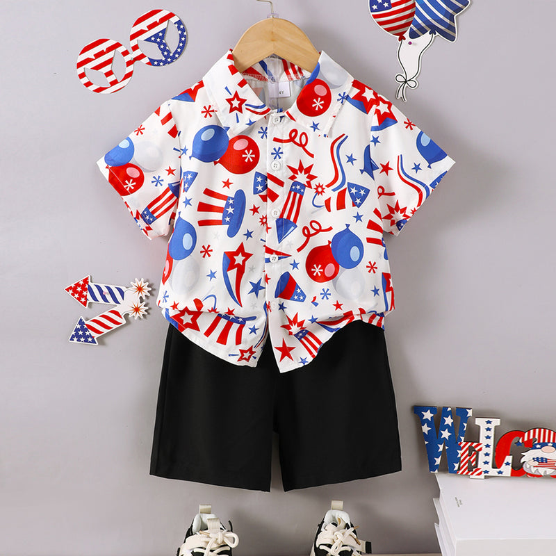 Boys White Printed Short Sleeve Shirt With Elasticated Shorts Set 2 pc. Sets