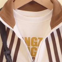 Boys Brown Striped Jacket & Joggers With T-Shirt Sets 3 pc. Sets