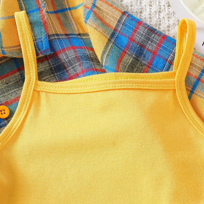 Girls Yellow Checked Shirt With Denim Shorts & Camisole Crop Top Sets Sets