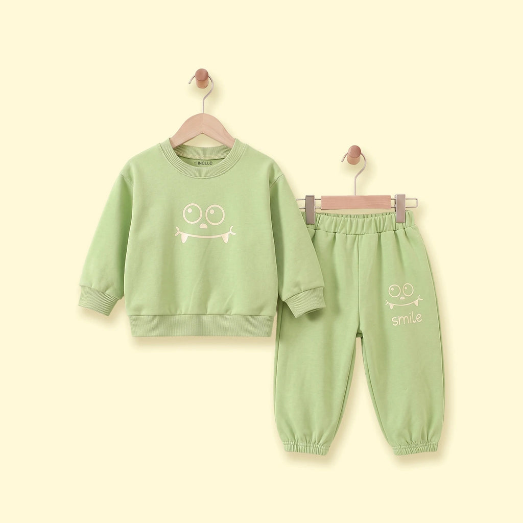 Boys Light Green Smiley Printed Sweatshirt & Joggers Co-ord Sets Sets Light Green 1-2 Y