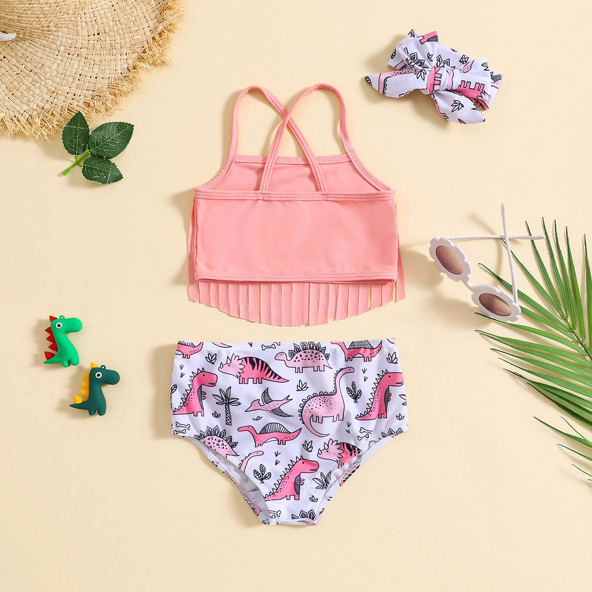Girls Pink Halter Top With Dinosaur Print Briefs & Headband Swimwear Sets Sets