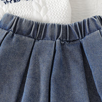 Girls White Textured Sleeveless Polo T-Shirt With Denim Skirt Sets Sets