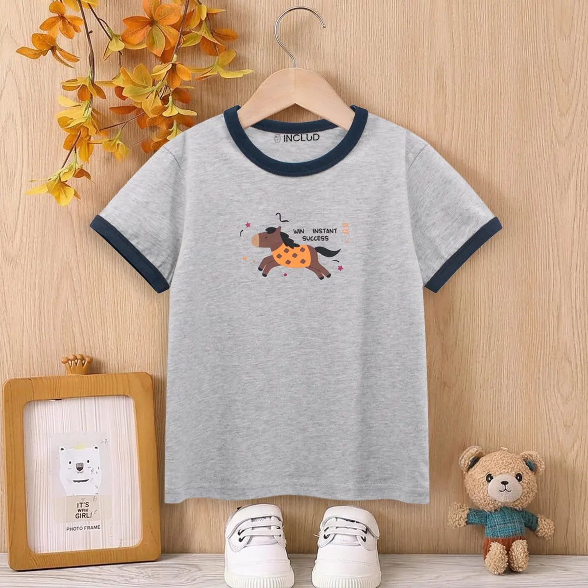 Boys Light Grey Melange Horse Printed Short Sleeve T-Shirt Tshirts Light Grey 2-3 Y