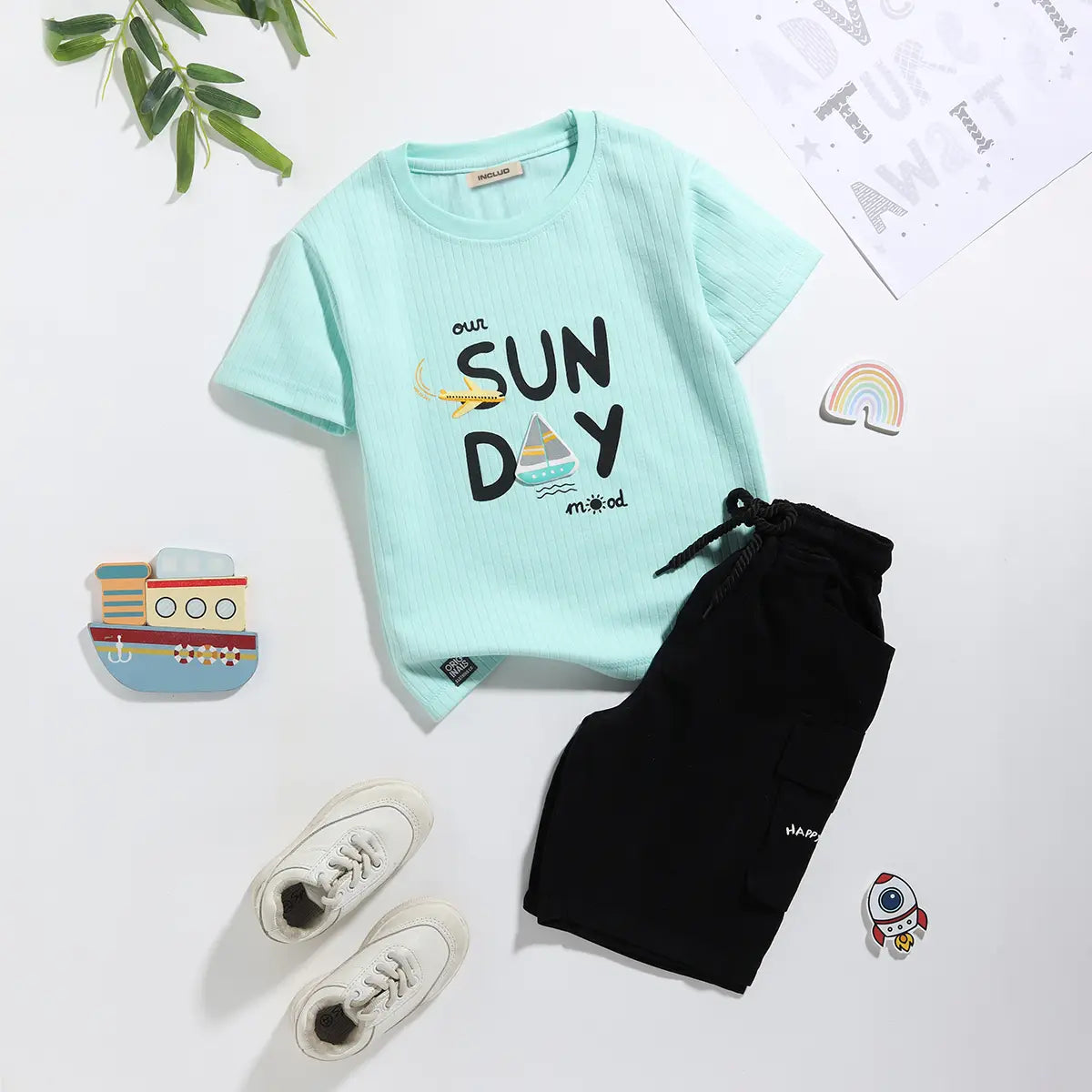 Boys Green Typography Printed T-Shirt With Cargo Shorts Sets Sets Green 0-1 Y