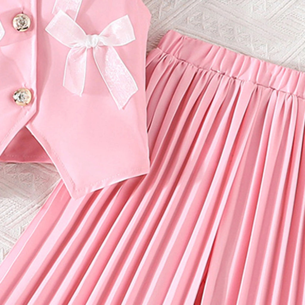 Girls Light Pink Bow Applique Sleeveless Top With Pleated Pants Co-ord Sets Sets