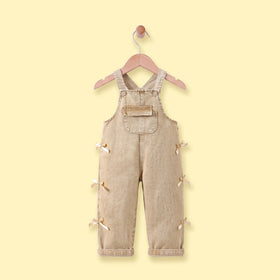 Girls Khaki Denim Bow Applique Dungaree Jumpsuits Khaki 3-4 Y