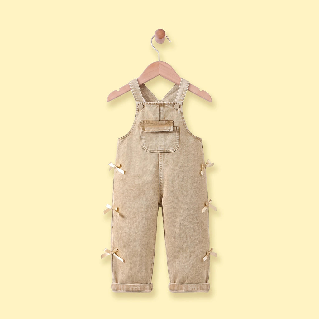 Girls Khaki Denim Bow Applique Dungaree Jumpsuits Khaki 3-4 Y