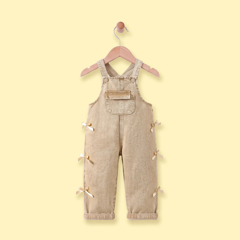Girls Khaki Denim Bow Applique Dungaree Jumpsuits Khaki 3-4 Y
