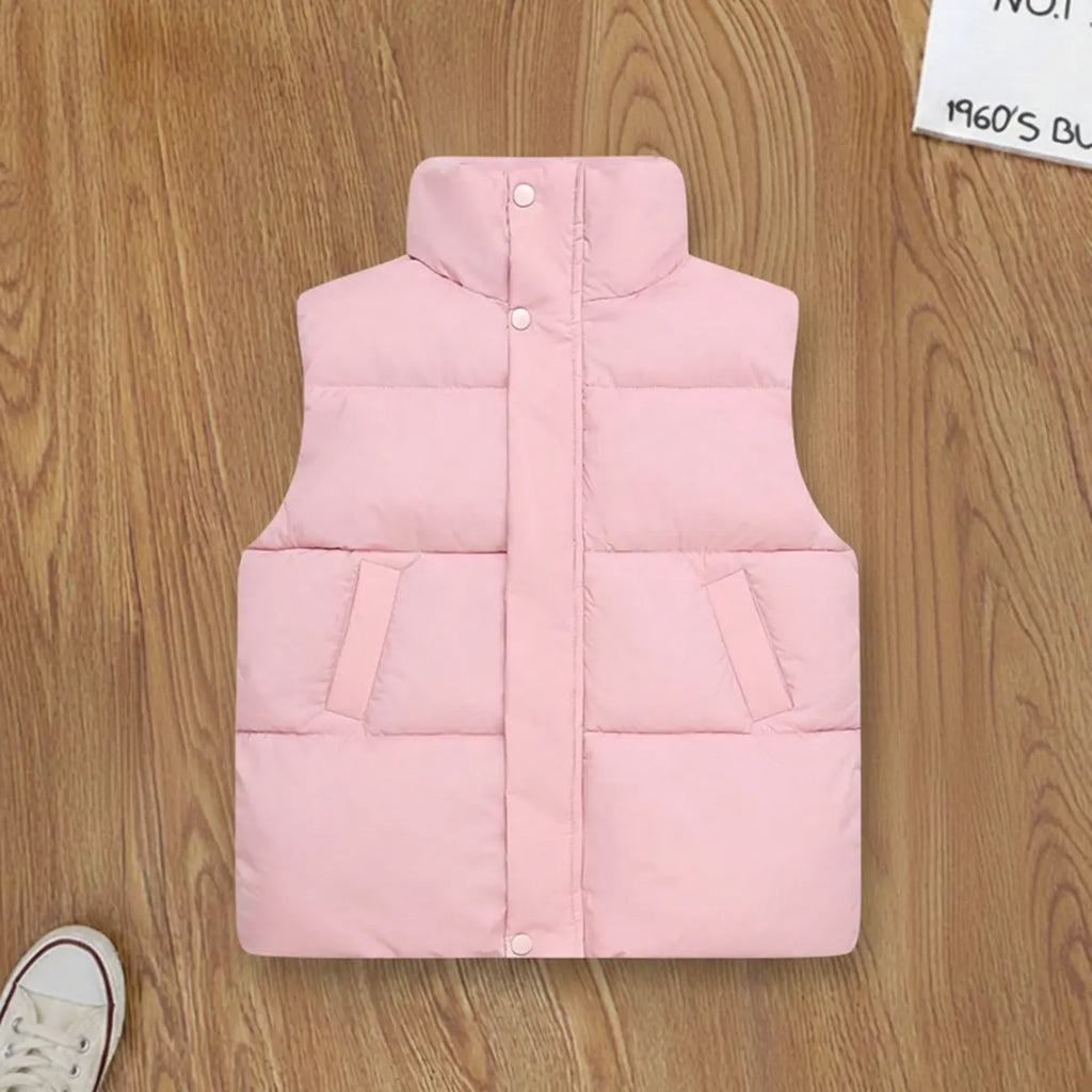 Girls Pink Quilted Puffer Vest With Stand-up Collar Coats & Jackets Pink 6-7 Y