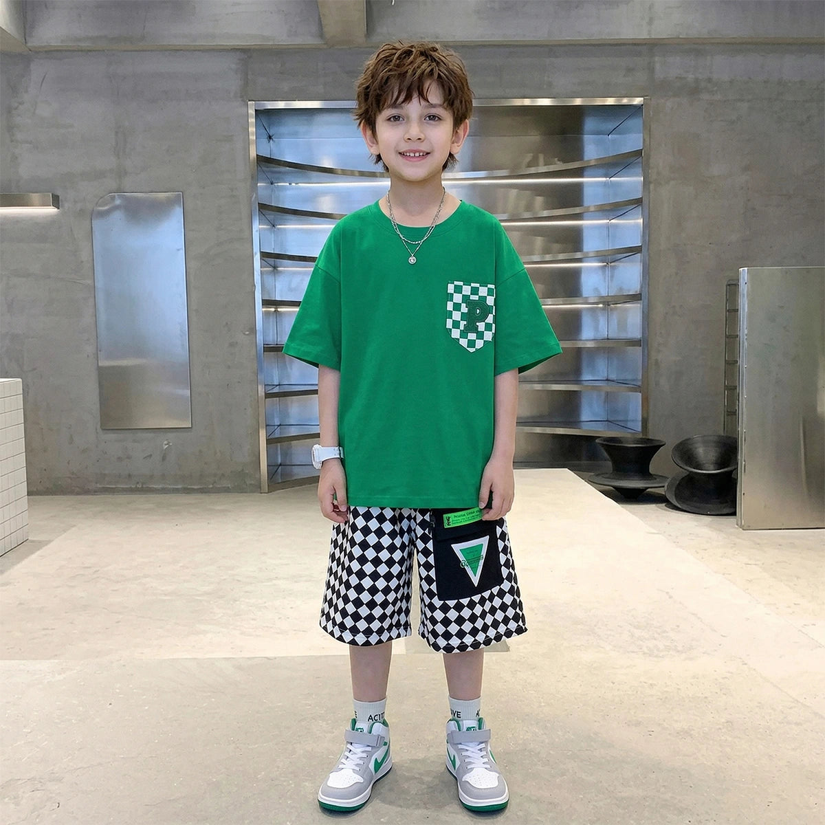 Boys Green Checked Pocket Short Sleeves T-Shirt With Elasticated Shorts Sets Sets Green 5-6 Y